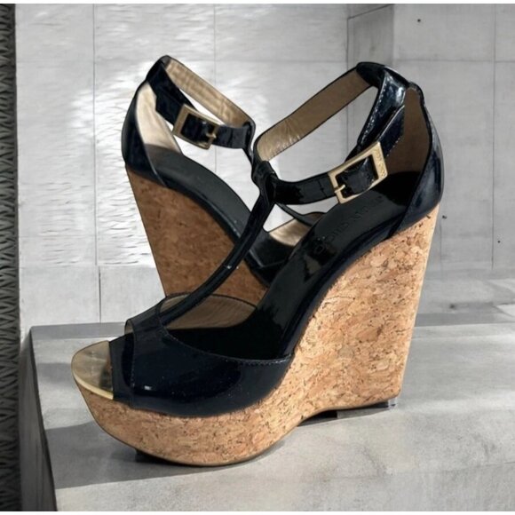 JIMMY CHOO Black Patent Leather Cork Wedges Sandals Size 36.5 - Picture 1 of 16